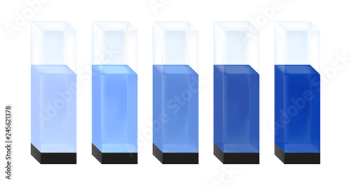 Vector illustration of five quartz glass cuvettes with different concentration of blue substance solution from light to dark. Calibration standard preparation. Standards for the spectroscopy. Isolated photo