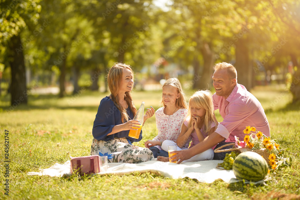 Happy family with smiles picnic in the park on a sunny day Happy family with smiles picnic in the park on a sunny day