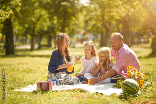 Happy family with smiles picnic in the park on a sunny day Fototapet