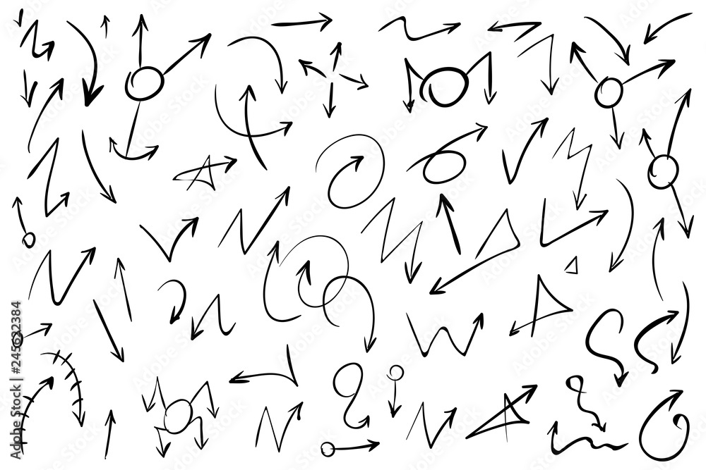 Arrow doodles vector. A set of simple sketches of arrows. Up, down, left, right ones. The effect of a pencil sketch isolated on white background. Vector eps 10. Arrow doodles vector. A set of simple sketches of arrows. Up, down, left, right ones. The effect of a pencil sketch isolated on white background. Vector eps 10.