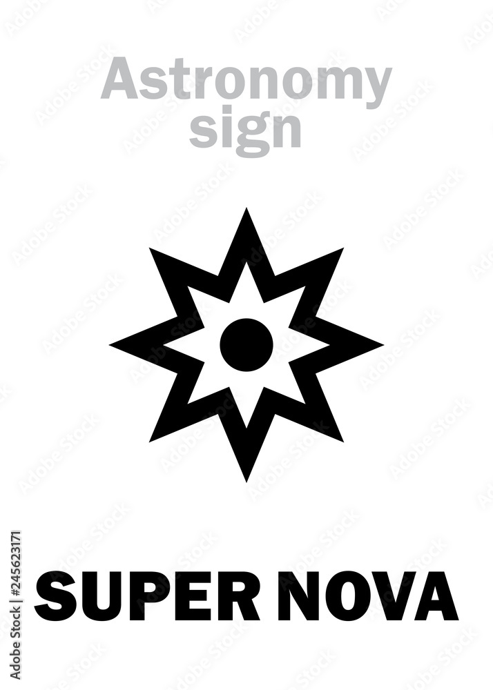 Fototapeta premium Astrology Alphabet: SUPER NOVA, Amazing brightest burst of star before its extinction, extremely energetic explosion with gamma-ray burst in The Universe. Hieroglyphics sign (astronomical symbol).