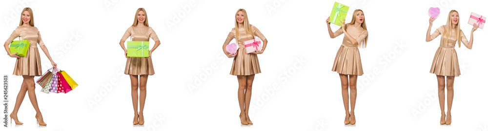 Beautiful woman in golden dress with bags Beautiful woman in golden dress with bags