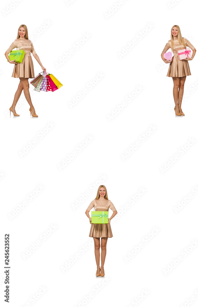 Beautiful woman in golden dress with bags 