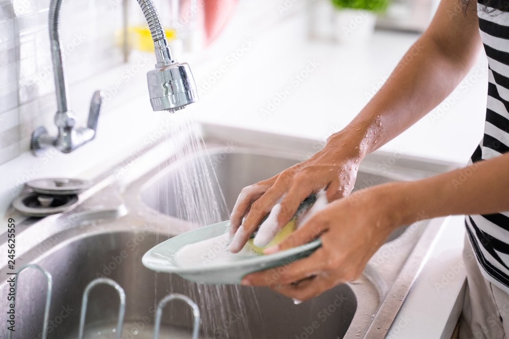 hand washing a plate on a sink