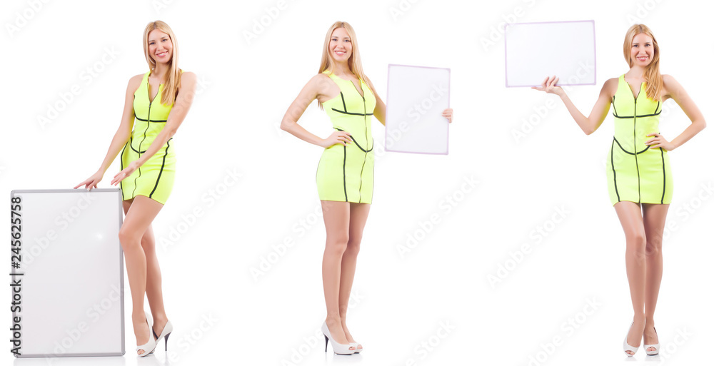 Beautiful woman holding whiteboard isolated on white Beautiful woman holding whiteboard isolated on white