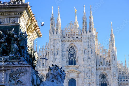 Pigeons and lion in font of Milan Duomo