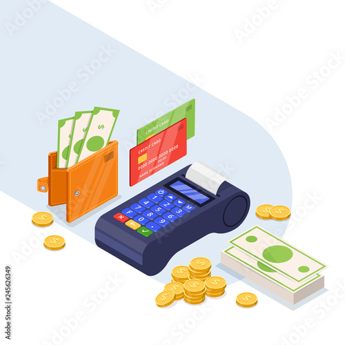Payment methods icons set. Money transfer vector 3d isometric illustration. Credit card, dollars cash and bank terminal