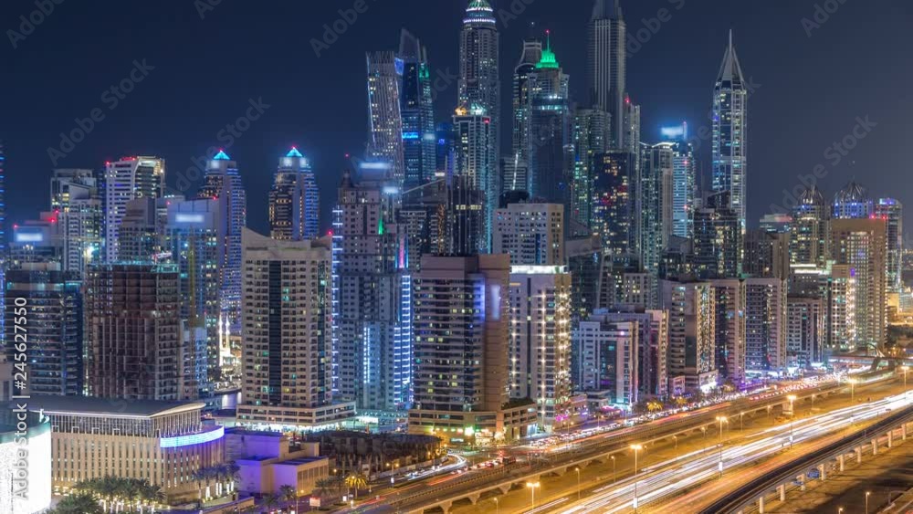 Fantastic rooftop skyline of Dubai marina timelapse. Fantastic rooftop skyline of Dubai marina timelapse.