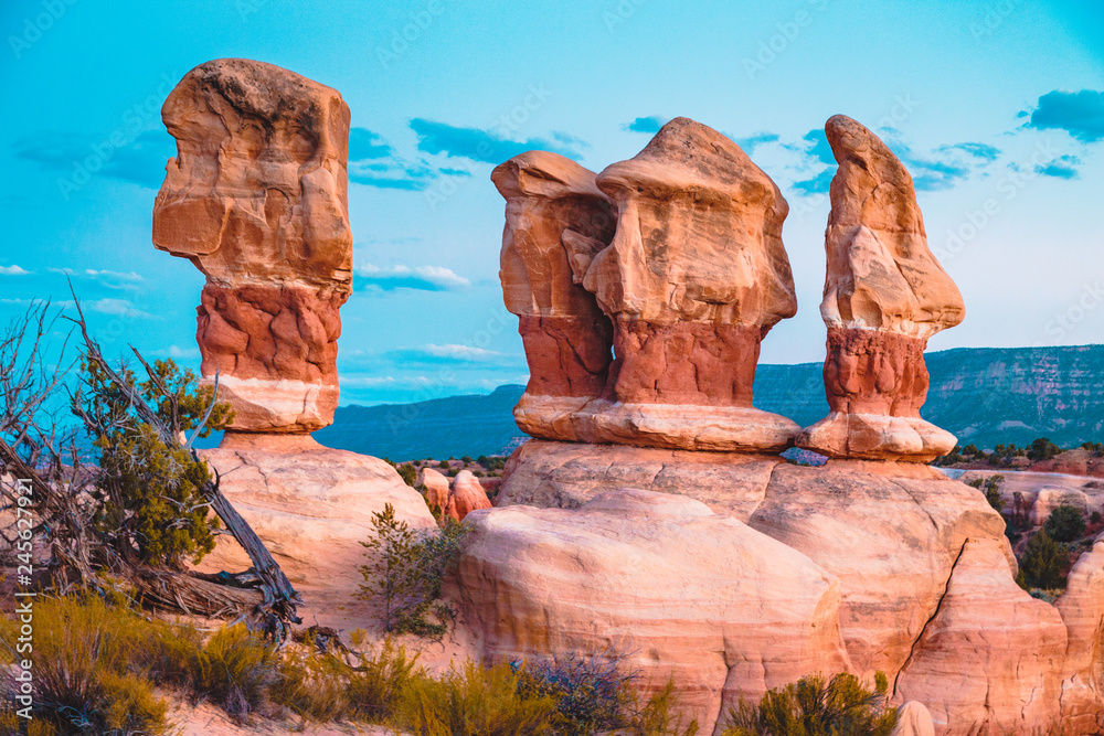 Hoodoos sandstone formations in Devil's Garden at twilight, Escalante, Utah