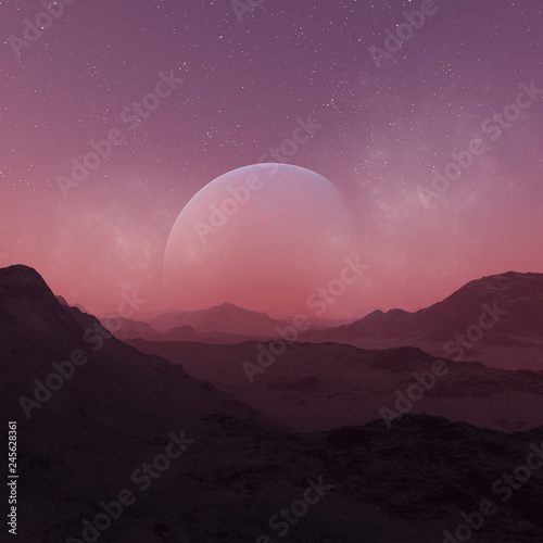 3d rendered Space Art: Alien Planet - A Fantasy Landscape with red skies and stars