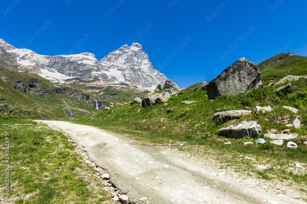 The Matterhorn (Cervino) viewed from the Italian side in a beautiful summer day, Breuil-Cervinia, Aosta Valley, Italy