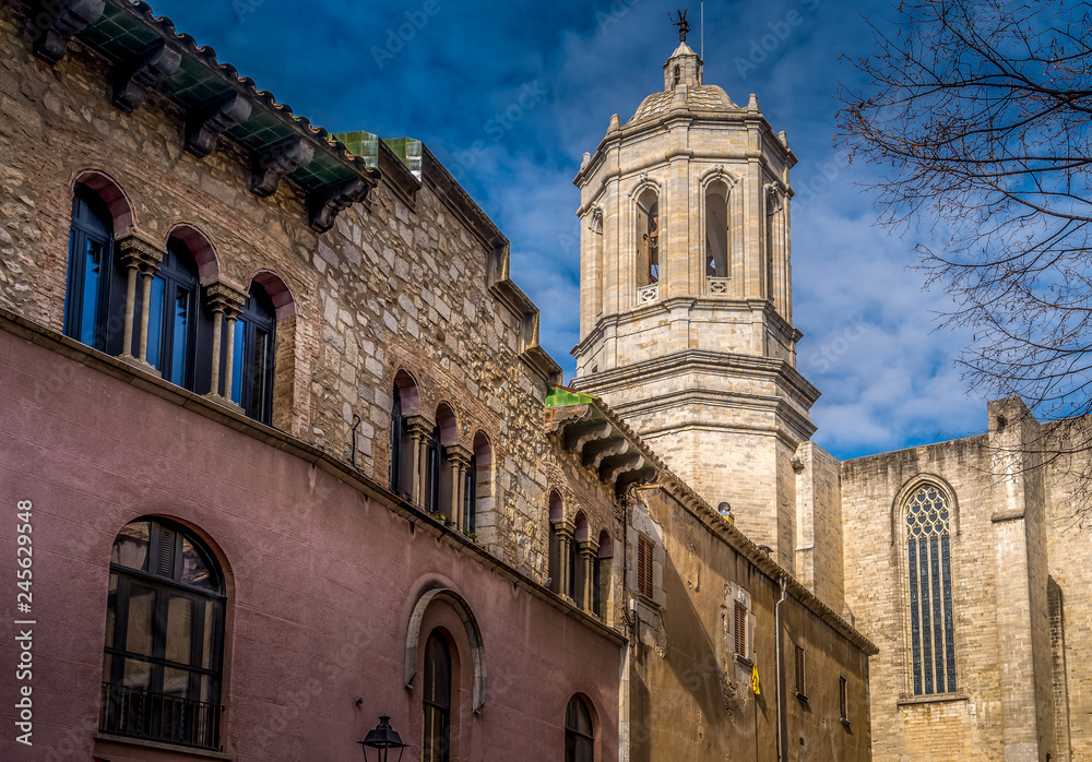 View of medieval Gothic St Mary Roman Catholic cathedral in Girona Catalonia Spain