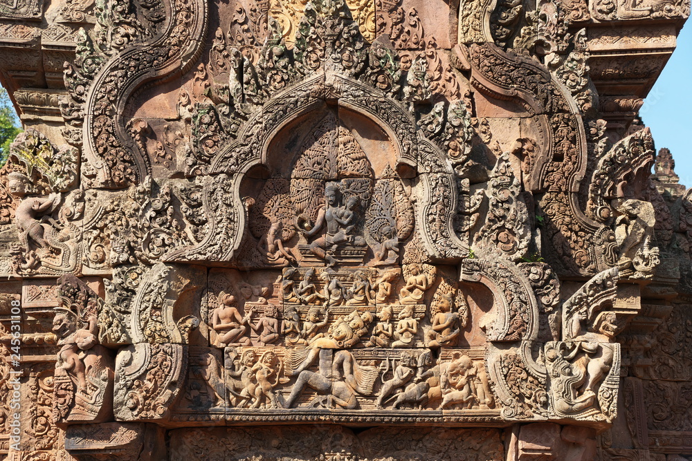 Siem Reap,Cambodia-January 9, 2019: Reliefs in Banteay Srei in Siem Reap, Cambodia