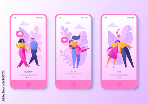 Romantic vector illustration mobile app page, screen set. Happy flat people character embrace and kiss. Concept for website on Valentine Day theme. Concept of landing page on love story theme. 