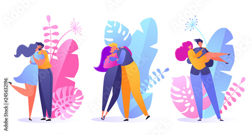 Set of people in love.  Valentine dating set. Romantic vector illustration on love story theme. Happy flat people character embrace and kiss. Lifestyle concept on Valentine Day theme. Network concept.