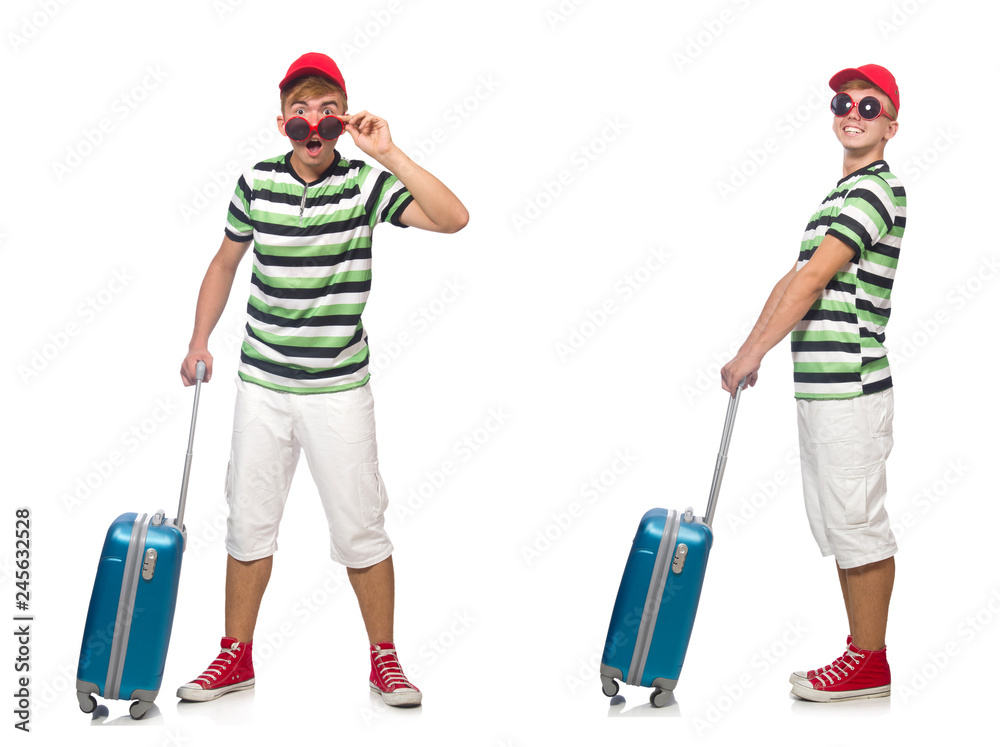 Young man with suitcase isolated on white 
