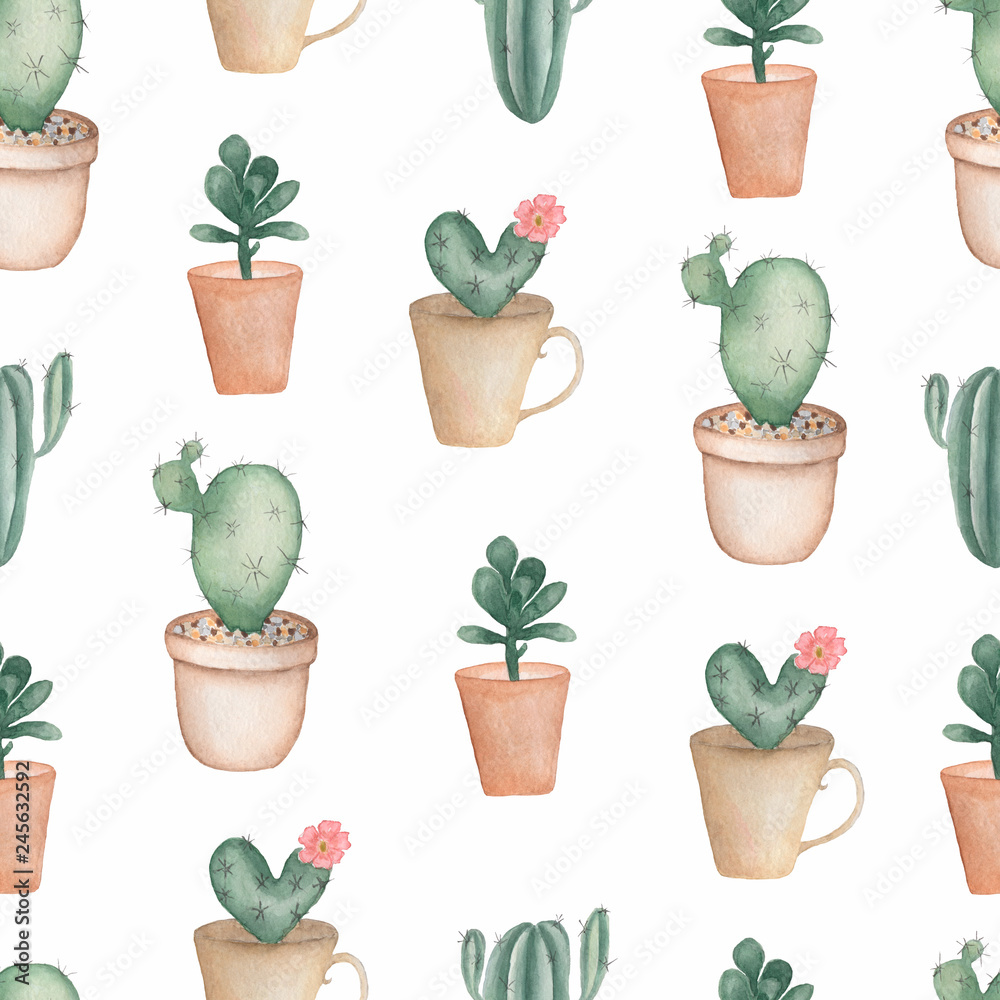 Cacti flower background. Seamless pattern with cactus and succulents in pots. Hand drawn illustration in trendy cute cartoon style.Mexican style background perfect for fabric textile ,etc Cacti flower background. Seamless pattern with cactus and succulents in pots. Hand drawn illustration in trendy cute cartoon style.Mexican style background perfect for fabric textile ,etc