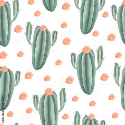 Seamless pattern with watercolor hand painted exotic cactus.  tropic succulents and green plants. Mexican style background perfect for fabric textile and wrapping paper