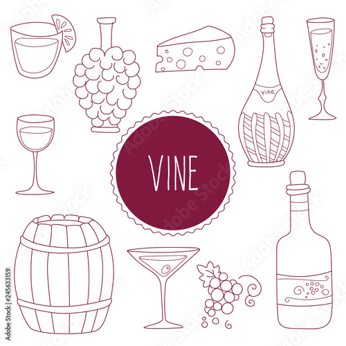 Set of elements on the theme of wine in the style of Doodle. A bottle of wine, a glass, a glass, a barrel, grapes, cheese. Vector