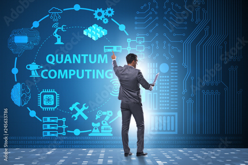 Businessman pressing virtual button in quantum computing concept