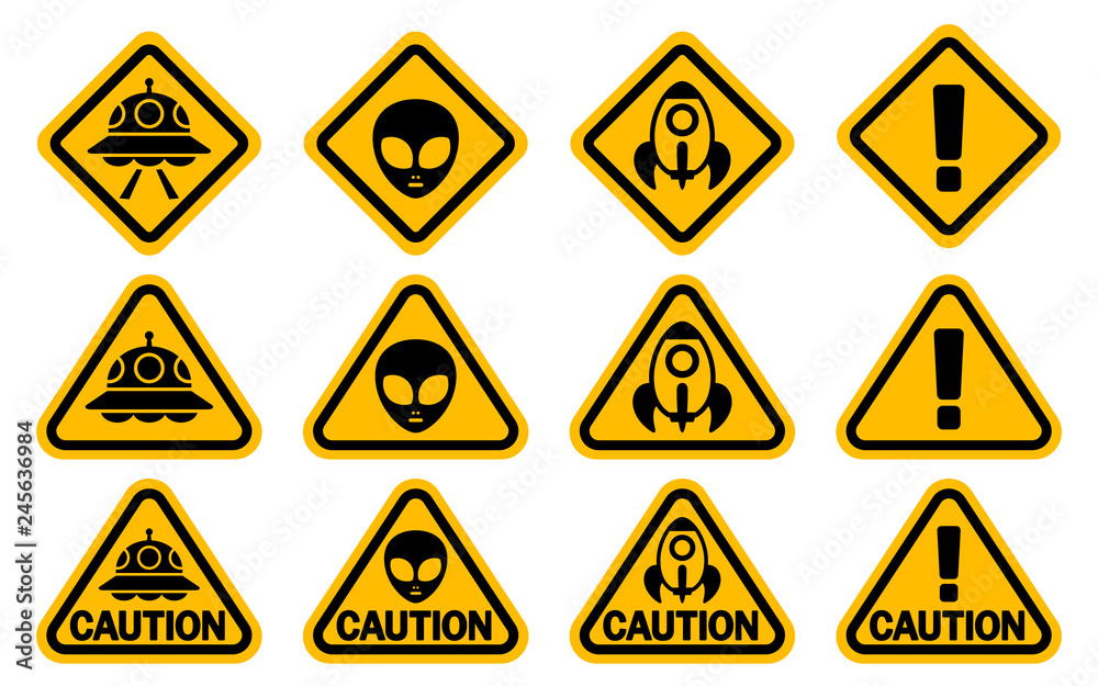 Ufoに注意 宇宙人に注意 ロケットに注意 警告サイン Caution のセット Stock Vector Adobe Stock