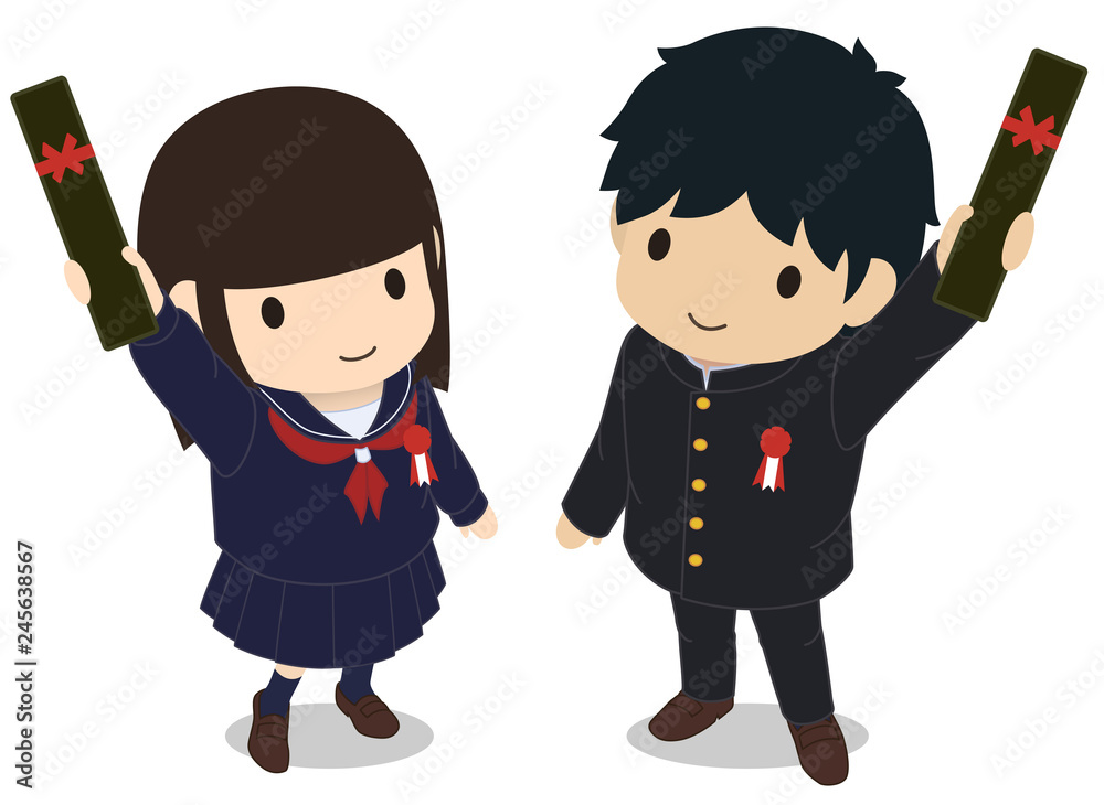 卒業証書を掲げる可愛い学生たち セーラー服 学ラン Stock イラスト Adobe Stock