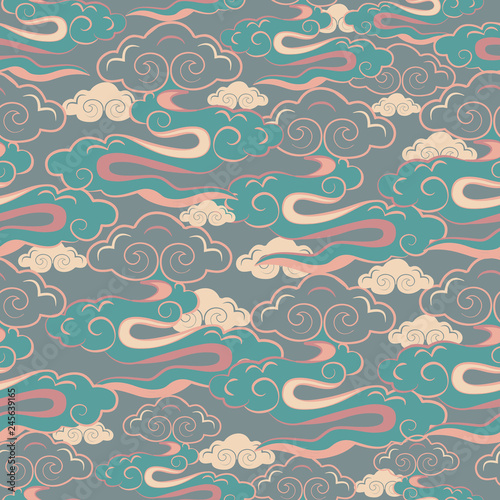 Vector Illustration of stylized, abstract, coral, beige, turquoise clouds resembling dragon tails at beautiful lunar twilight. Ideal for fabric