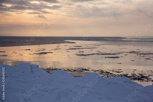 Time Lapse Video of the Winter Sunrise Snow Baltic Beach  Latvia  Saulkrasti. Frozen Sea With Ice Stacks