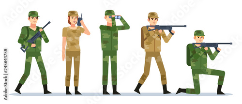 Group of male and female military people showing various actions. Military operation concept. Flat design vector illustration