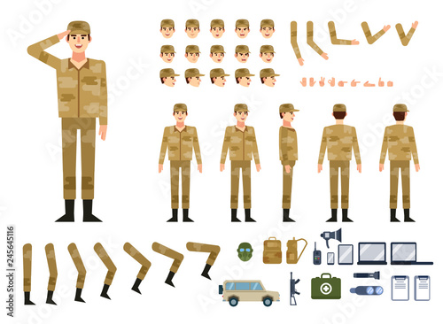 Soldier in military clothing creation kit. Create your own pose, action, animation. Various emotions, gestures, design elements. Flat design vector illustration