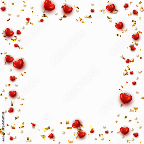 Background with hearts and round beads strewn with golden confetti