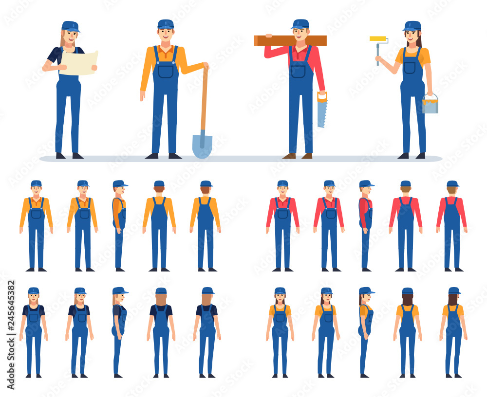 Various male and female construction workers in blue overalls creation kit. Create your own pose, action, animation. Flat design vector illustration