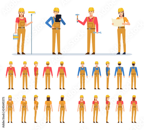 Various male and female construction workers in overalls creation kit. Create your own pose, action, animation. Flat design vector illustration