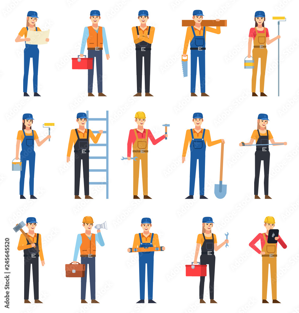 Set of male and female construction workers. Construction worker reading plan, holding ladder, hammer, wrench and showing other actions. Flat design vector illustration