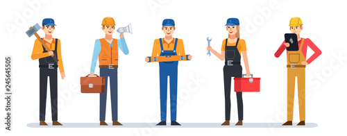 Set of male and female construction workers. Construction team. Flat design vector illustration