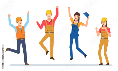 Set of male and female construction workers celebrating. Construction team. Flat design vector illustration