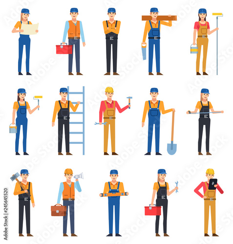 Set of male and female construction workers. Construction worker reading plan, holding ladder, hammer, wrench and showing other actions. Flat design vector illustration