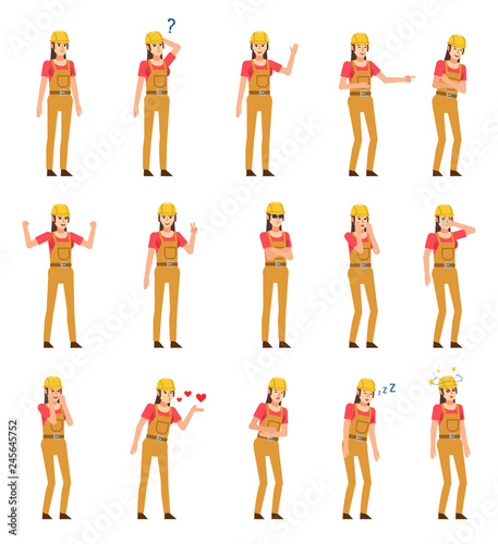 Set of female construction worker characters showing various emotions. Woman worker laughing, angry, tired, thinking and showing other emotions. Flat design vector illustration