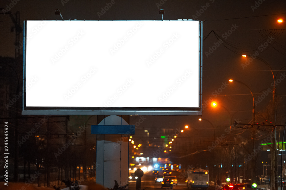Outdoor billboard blank for advertising poster with mockup, night city time.