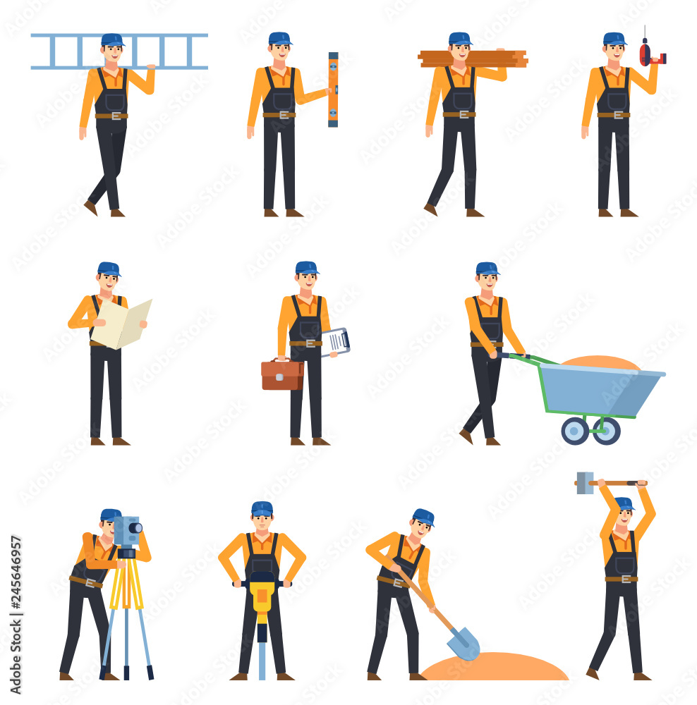 Set of construction workers in dark overalls showing various actions. Cheerful workman holding drill, jackhammer, ladder and other tools. Flat design vector illustration