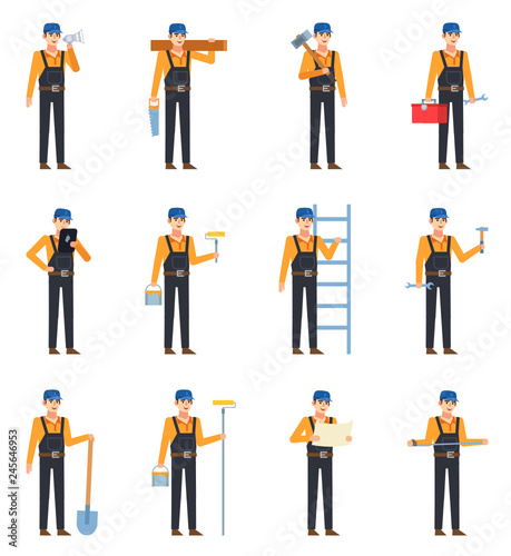 Set of construction workers in dark overalls showing various actions. Cheerful workman holding shovel, wrench, toolbox, ladder and other tools. Flat design vector illustration