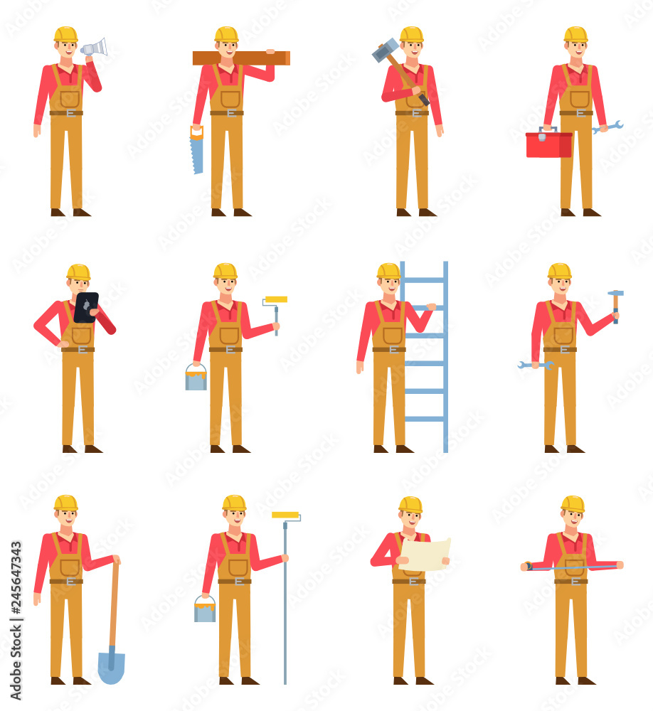 Set of construction workers in overalls showing various actions. Cheerful workman holding shovel, wrench, toolbox, ladder and other tools. Flat design vector illustration Set of construction workers in overalls showing various actions. Cheerful workman holding shovel, wrench, toolbox, ladder and other tools. Flat design vector illustration