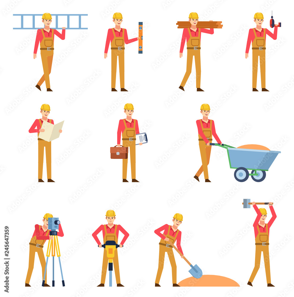 Set of construction workers in overalls showing various actions. Cheerful workman holding drill, jackhammer, ladder and other tools. Flat design vector illustration