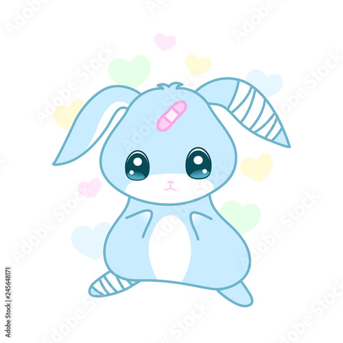 Cute suffering rabbit with injured ear and leg in yami kawaii style