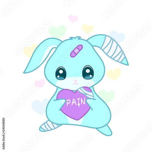 Cute suffering rabbit with injured heart in yami kawaii style