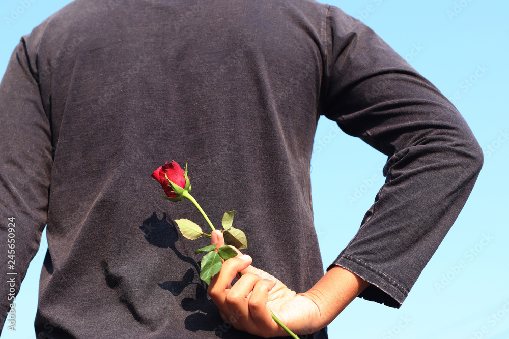 Shy man hide red rose backside to give to someone for surprise  in Valentine day