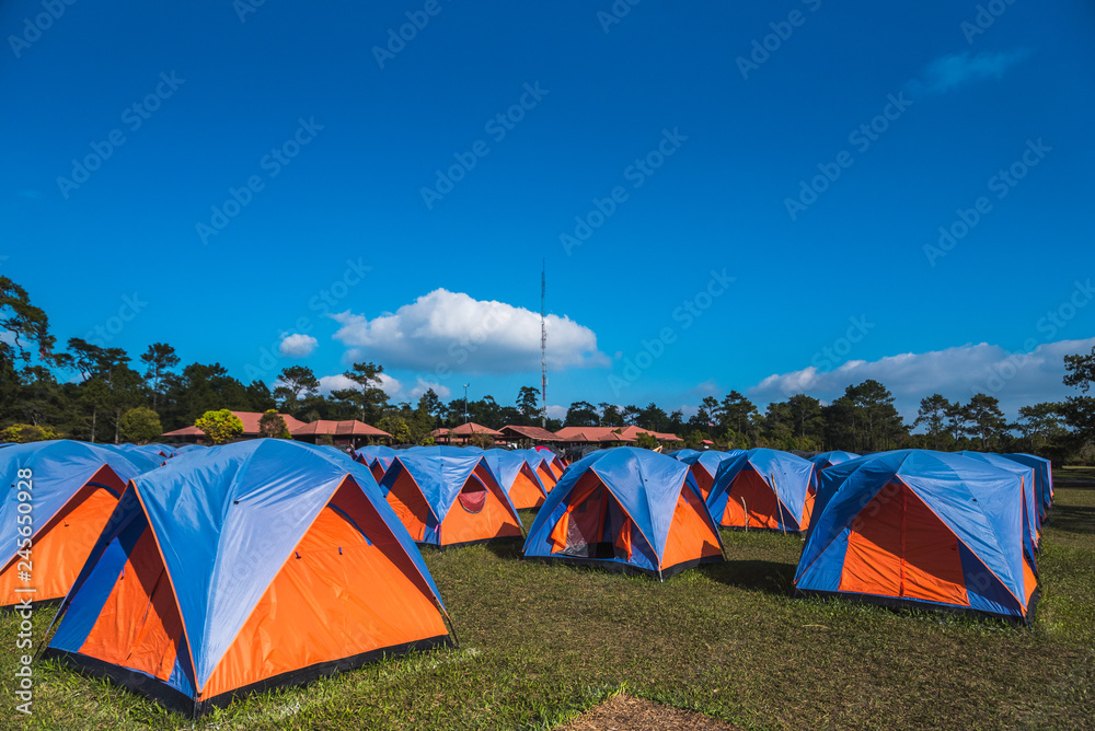 Tourist tent camping with beautiful blue sky.