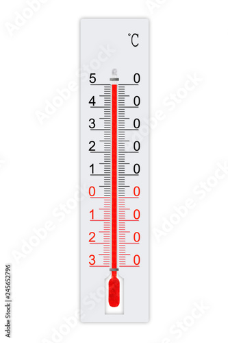 Celsius scale meteorology thermometer for measuring weather heat and cold. Thermometer isolated on white background. Air temperature plus 50 degrees