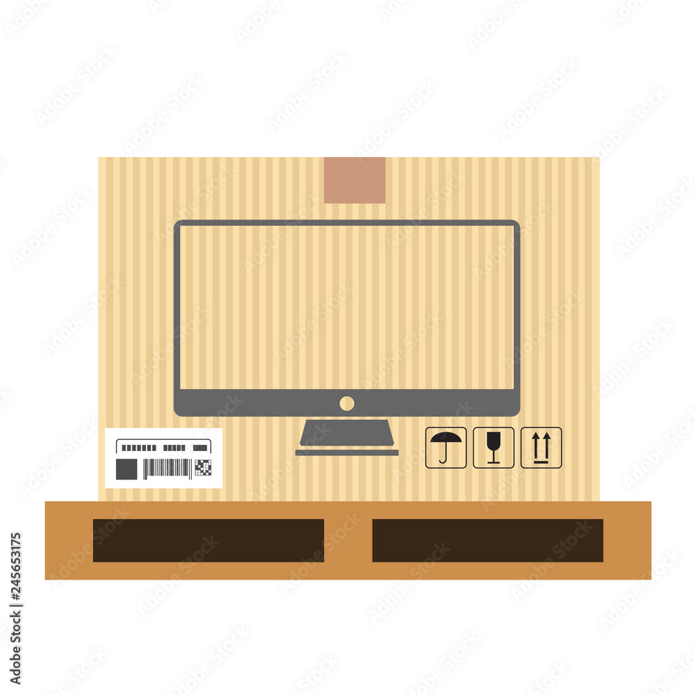 Mock up of tv set in carton box. Moving and delivery services. Vector illustration