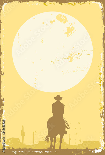 Silhouette of lonesome cowboy riding horse at sunset on  a tin sign, vector